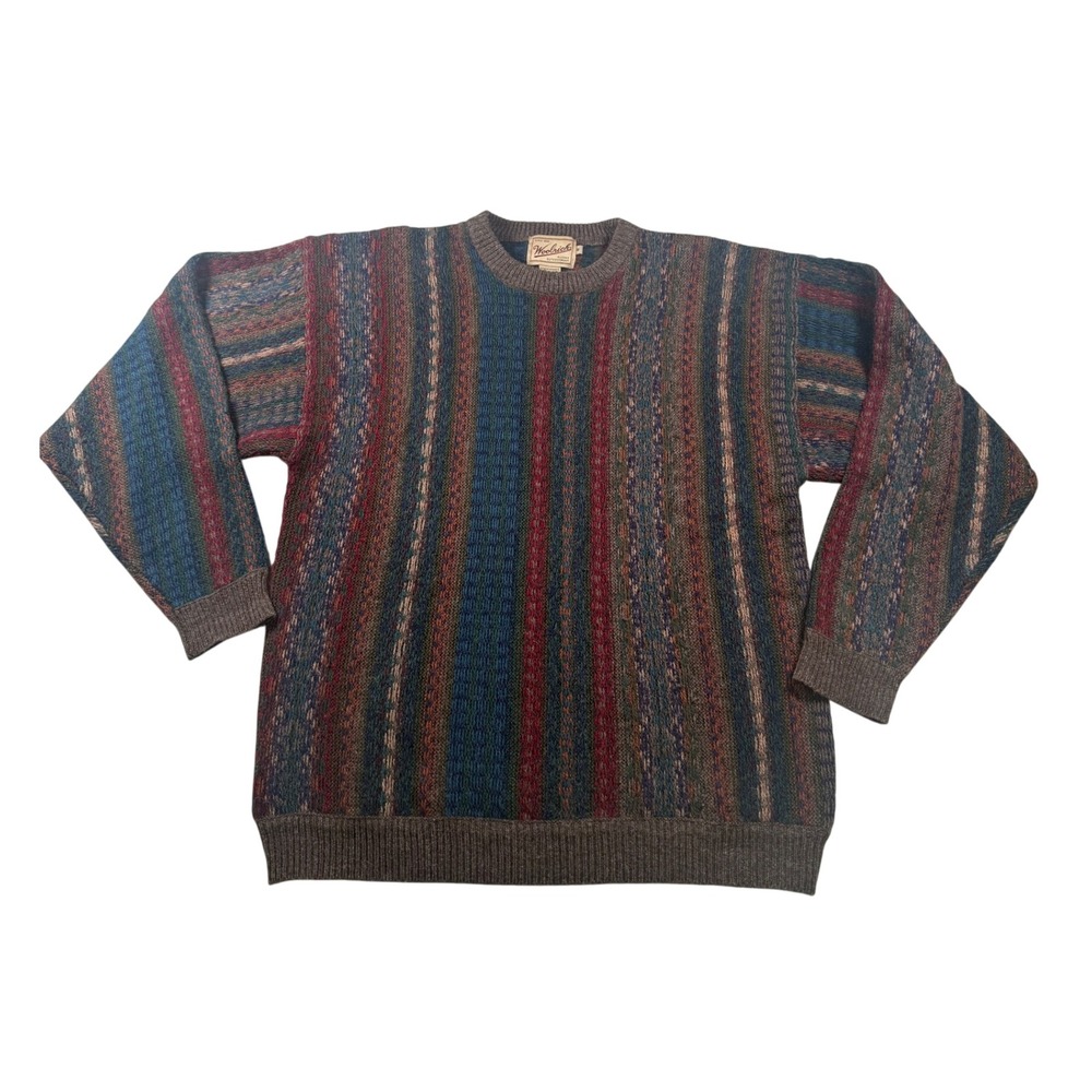 Woolrich Vintage Mens Medium Wool Crewneck Sweater Multi Stripe Handframed 0545